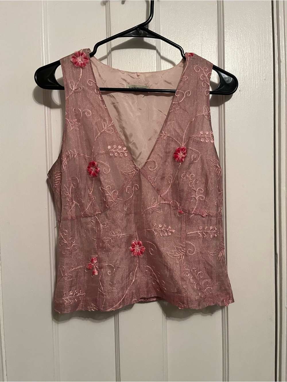 Y2K Vtg silk top pink floral embroidered medium Fairycore made in Spain